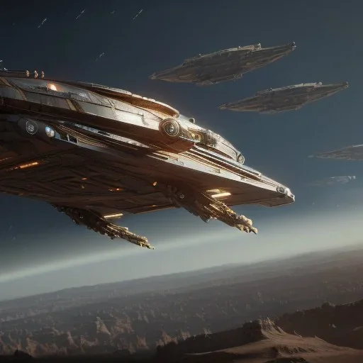 huge ornate spaceship made of brass flying through space, star wars