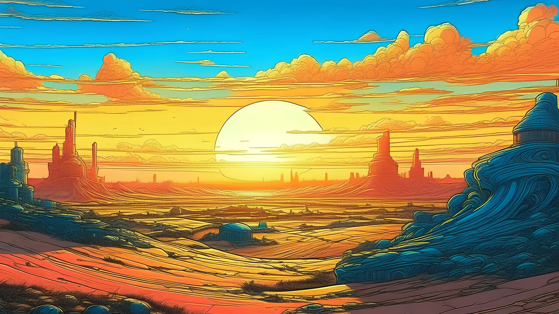 A sunrise landscape moebius style