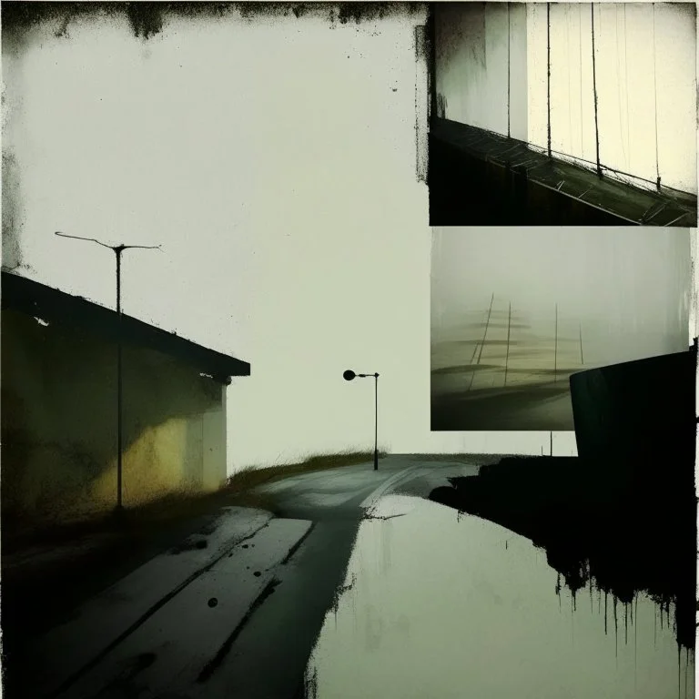 A desolate concrete road with steps to a bridge. In the style of Justin Mortimer and Phil Hale. Minimalist contemporary painting with rough brushstrokes.