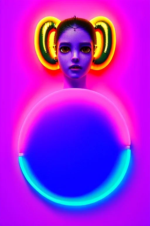 Rosalía, artist, natural, Realistic, waist up portrait. Eyes, make up, glow, circle iris, eye liner. Hair, pigtails. make up, glow. lips, gold. big rings piercing, led ornament, pearls. Hand, baseball bat, Coat, smile pin, inflatable latex, cold, led lights, minimal, neon, pink, blue, gold, vibrant color, highly detailed, art stations, concept art, smooth, unreal engine 5, god lights, ray tracing, RTX, lumen lighting, ultra detail, volumetric lighting, 3d, finely drawn, high definition, 4k.