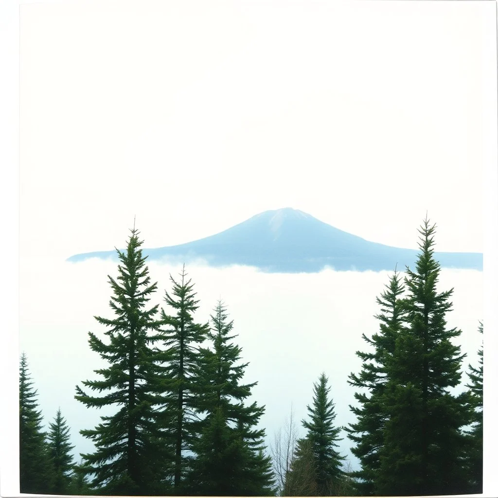 A polaroid photo of a group of fir trees in the background and a high hill in the distance. A lake. The surface below is in a pastel color. Okrson. Fog is present.