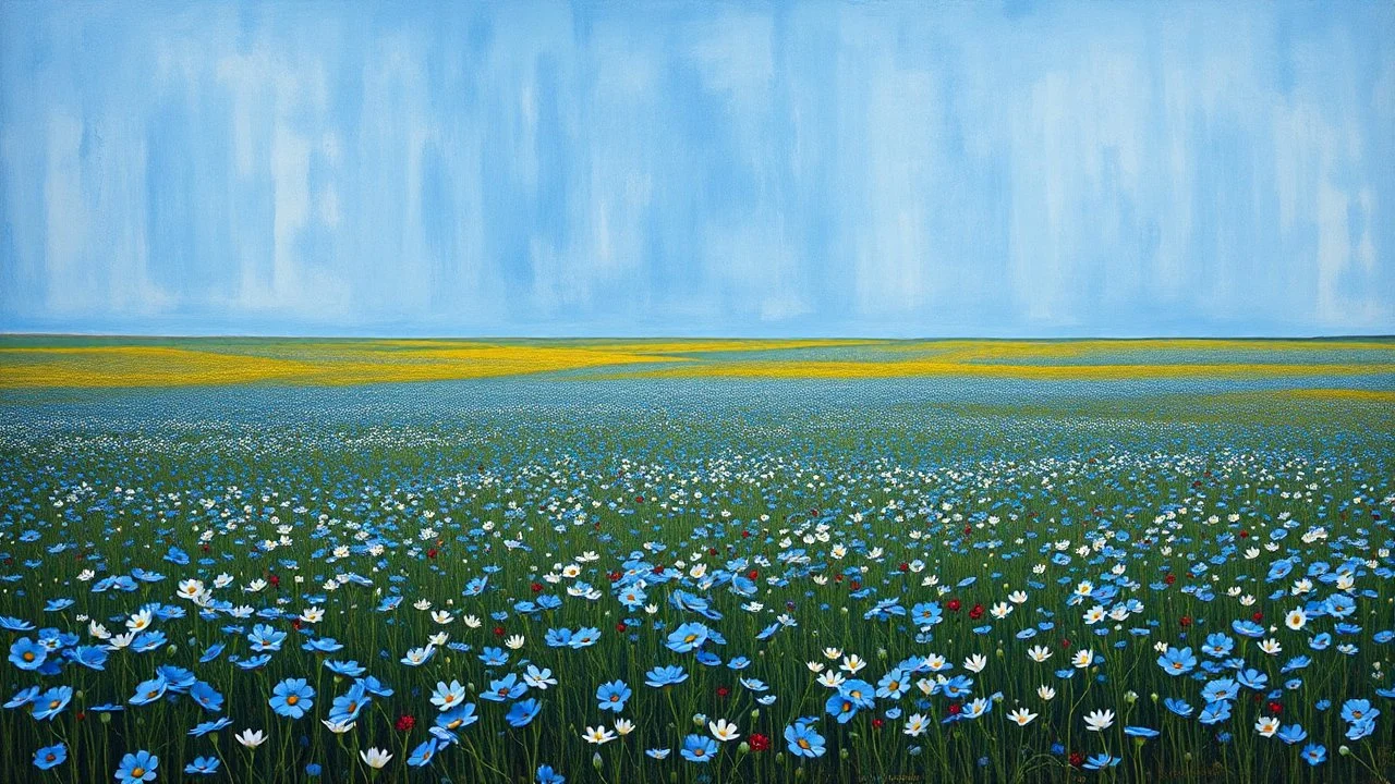 A dada, by Mark Rothko, and Jackson Pollock, of a wide field with thousands of blue nemophila