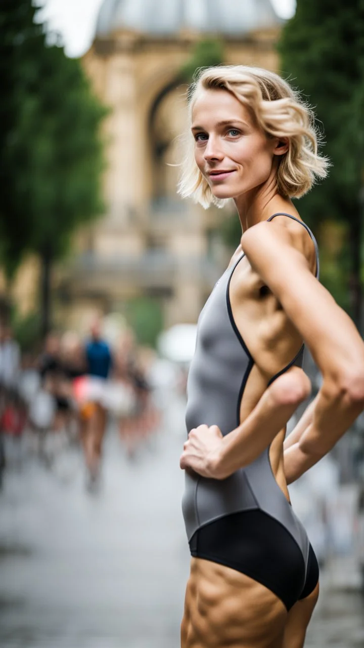 beautiful anorexic young woman, total shot, grey triathlon swimsuit, short blonde wavy bob hair, blurred city background