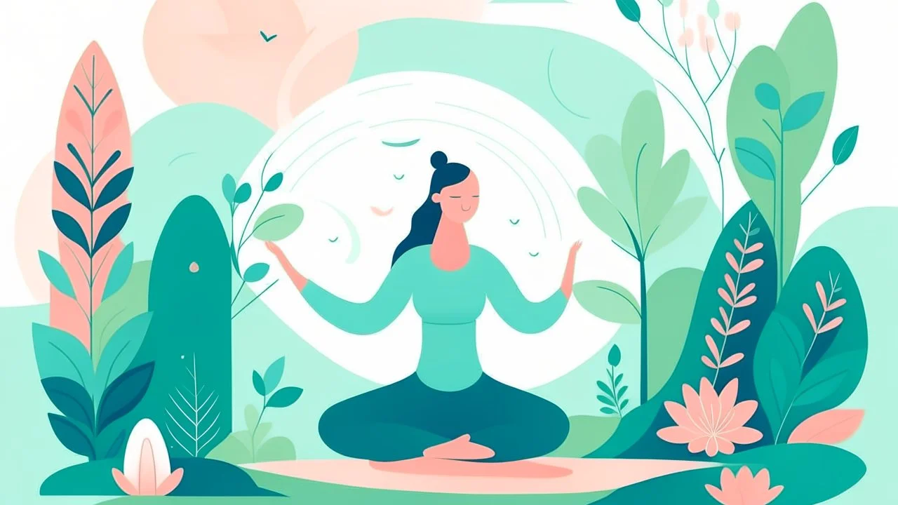 Create a serene and playful illustration for a yoga and well-being website. Use a soothing color palette and depict a tranquil yoga scene with a yogi in several yoga poses surrounded by nature.