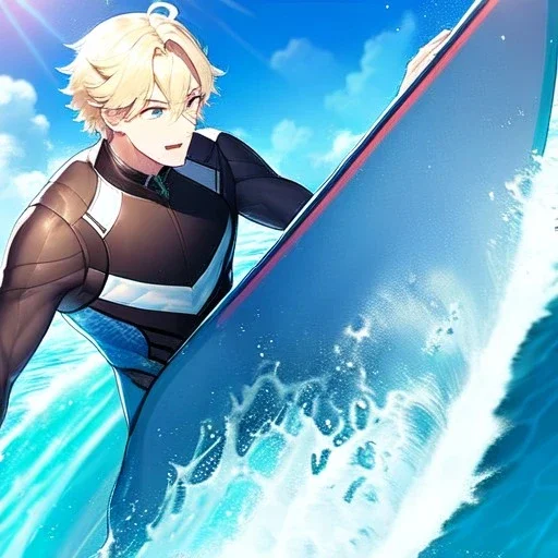 ONE anime blonde boy, riding the perfect waves, on a surfboard, going through a huge wave