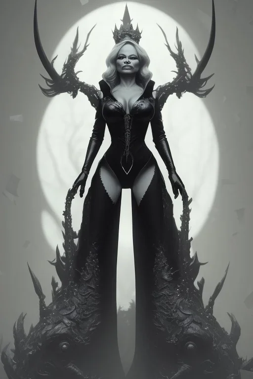 Pamela Anderson as evil queen in black leather, leather, busty, cleavage, angry, stern look. character design by cory loftis, fenghua zhong, ryohei hase, ismail inceoglu and ruan jia. unreal engine 5, artistic lighting, highly detailed, photorealistic, fantasy