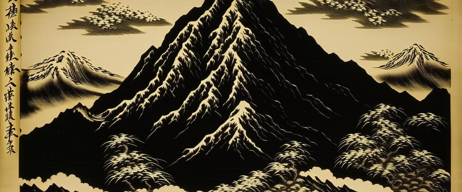 A brownish bronze mountain covered in tar designed in Scandinavian folk art painted by Katsushika Hokusai