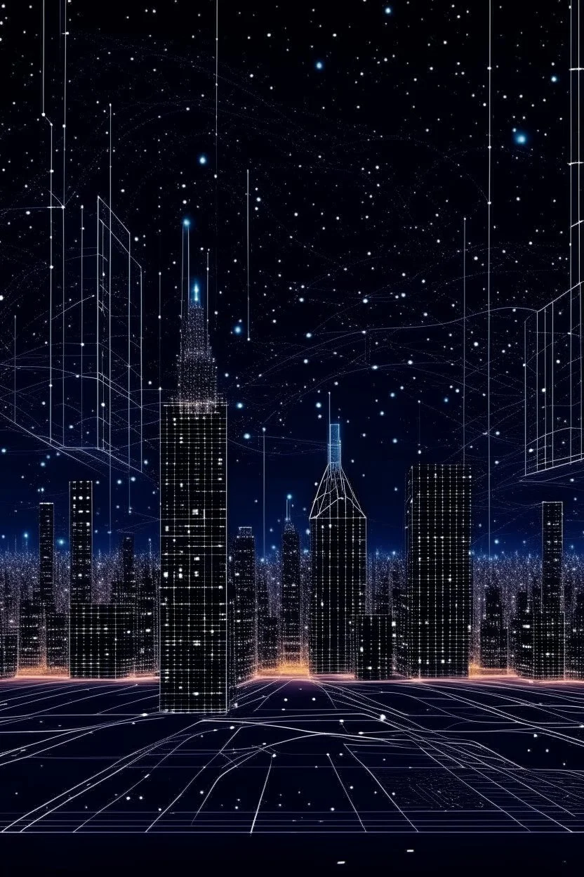 New York City buildings at night in Abstract Fluid, Galaxy nebula thin line draw style