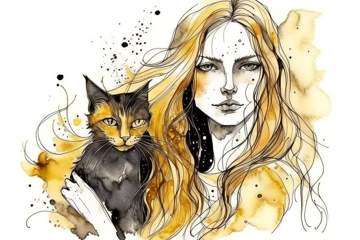 long haired woman with cat, white watercolor and black ink, golden glitters