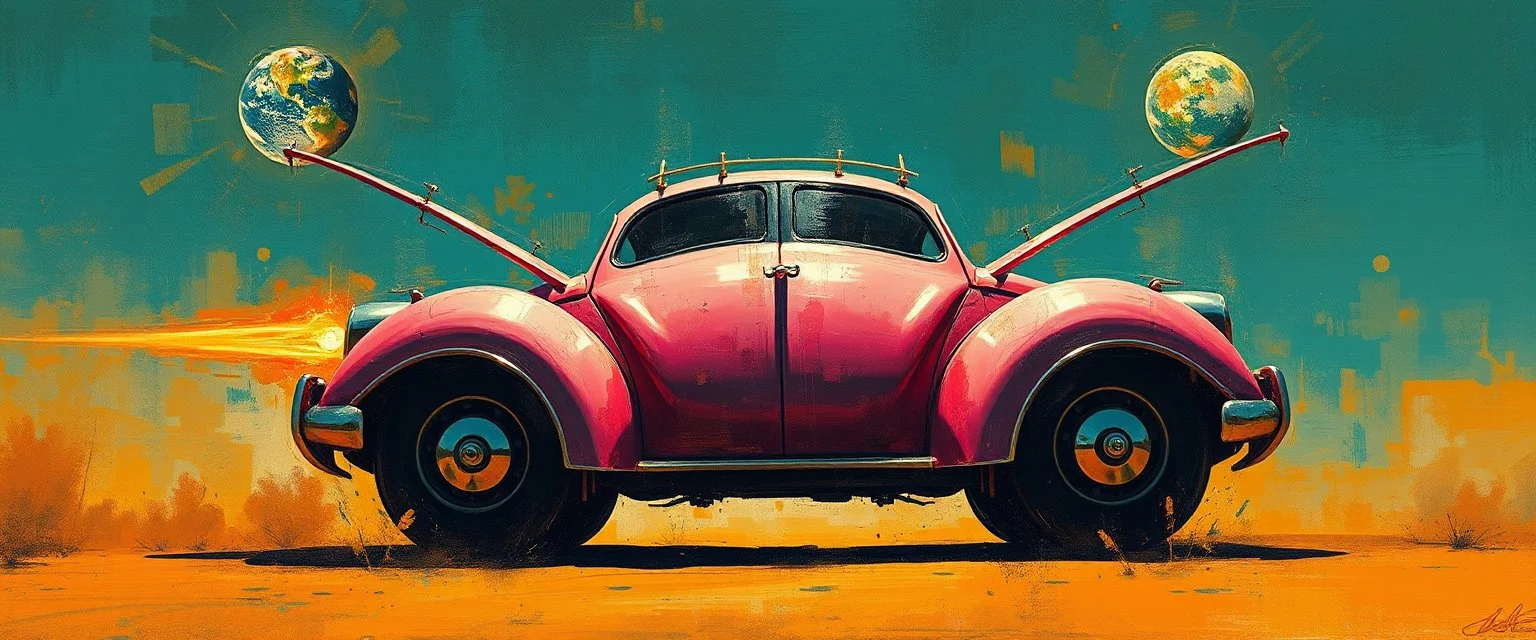 a high definition screen shot of a jet-fighter vw-beetle, retrofuturistic, phototrealism, Macabre Rapture End of days Revelation scene, loose brush stroke matte oil painting, sinner apotheosis,diagonal composition, unbalanced, abstract surreal horror, eerie, scary warm colors, Eldritch, by Colin McCahon Upscale @JonKnockTurnal A photorealistic futuristic pink cadillac 2999 ufo, bilaterally