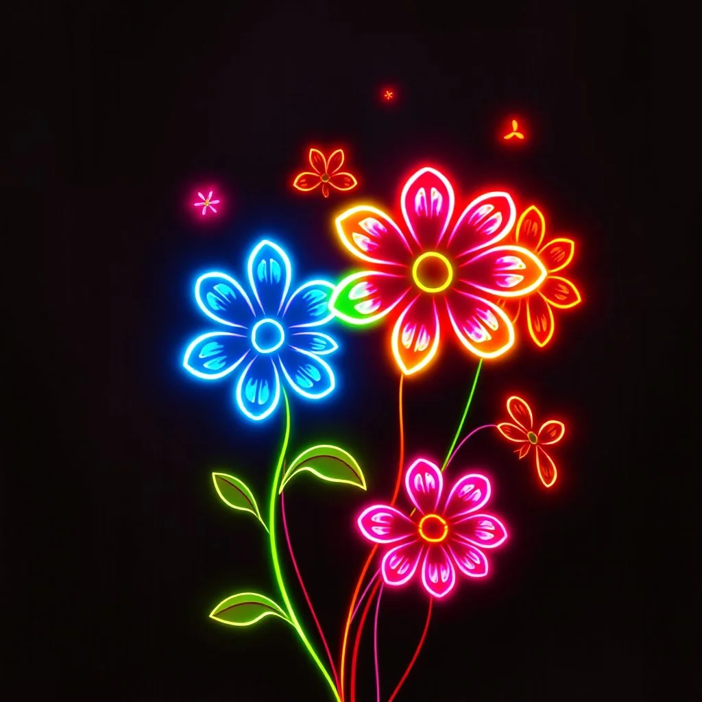 Dancing Colorful Neon Flowers With Dark Grunge Rustic Background.