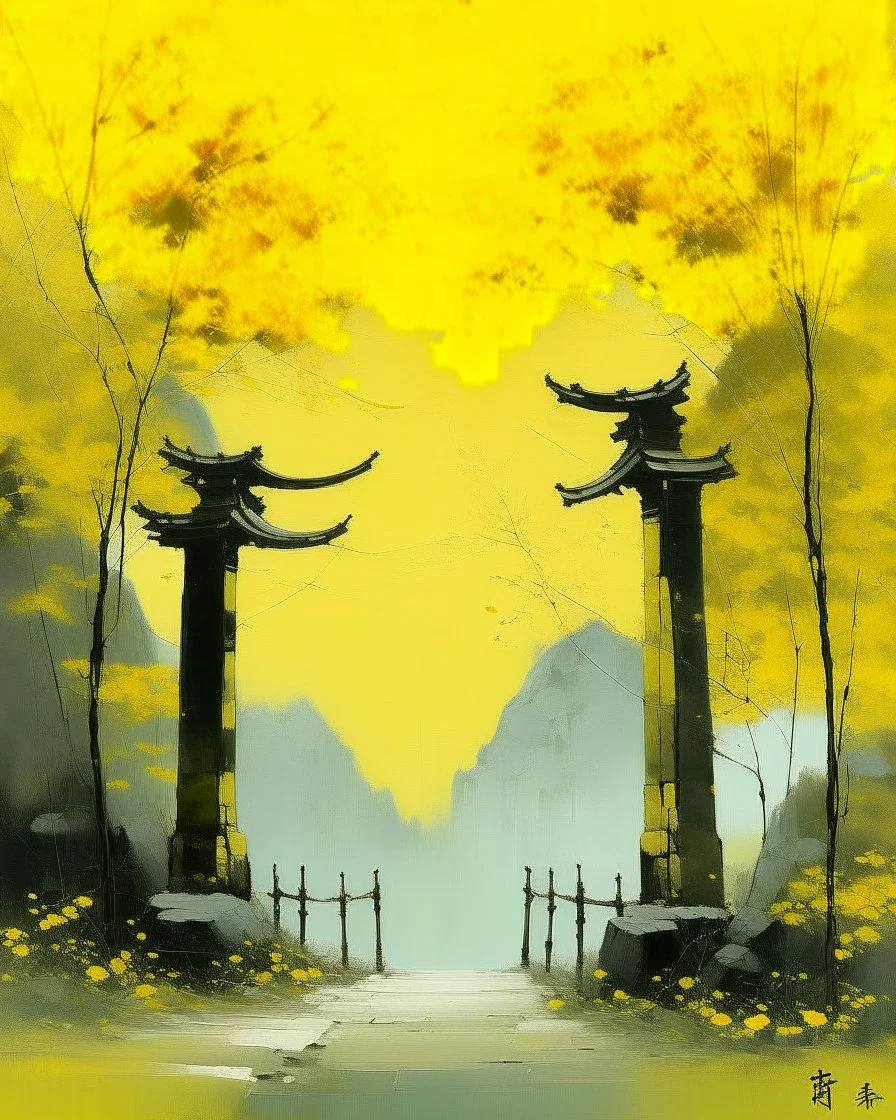 A yellow peak with torii gates in daylight painted by Zhang Lu
