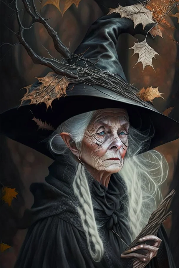 Old White-haired Witchery Witch in her pointed hat ready for the Coven in rusty autumn leaves and silver cobwebs. with burnished browns and abyss black.