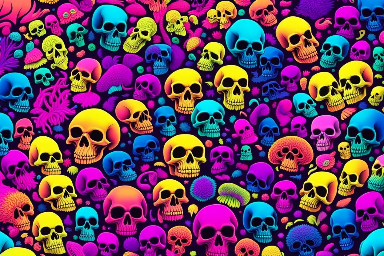 a field of 1000s of psychedelic psilocybin induced anatomically correct, skulls, vivid RANDOM BRIGHT neon colors, dark comedy, well lit, high detail, photorealistic, horrorcore, fun, scary, none featured, each a different color or hue,