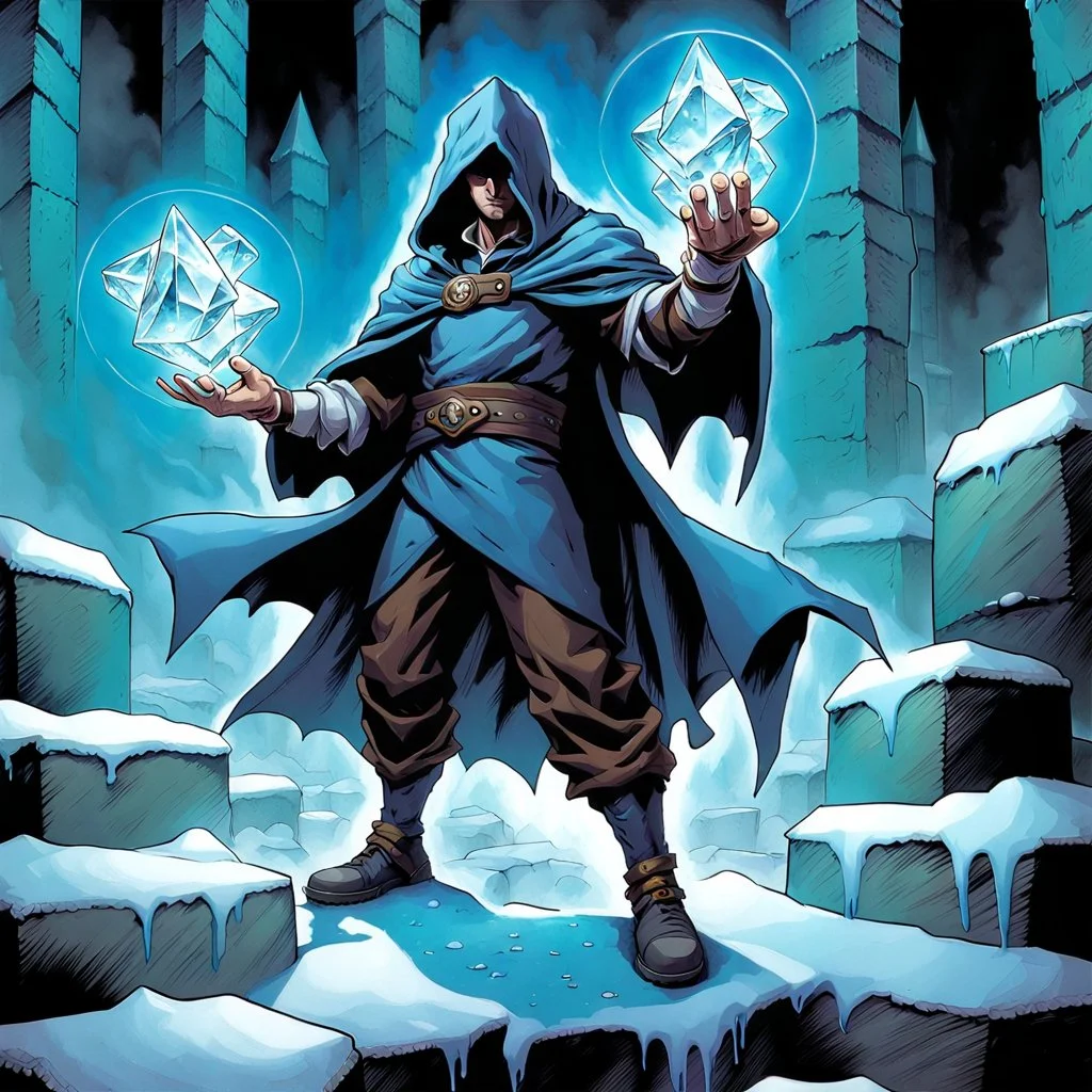 fantasy 90's tcg art hooded figure man with ice powers holding out hand