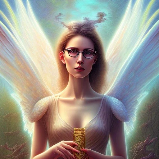 water color and spray painting fantasy art, portrait angel, dark hair,wearing glasses,holding harp, standing in portal to wet forest world from desert world with camels,poetry book illustration