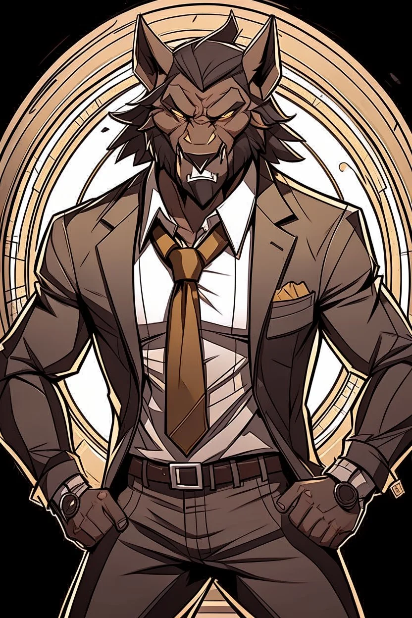 Buff, anthro, wolf, himbo, black fur, gold eyes, wearing a suit, full-body, muscles, strong, muscular, man boobs, bulky, tail, dark fur, smug grin, hands on hips, furry-himbo, broad shoulders, wide hips,