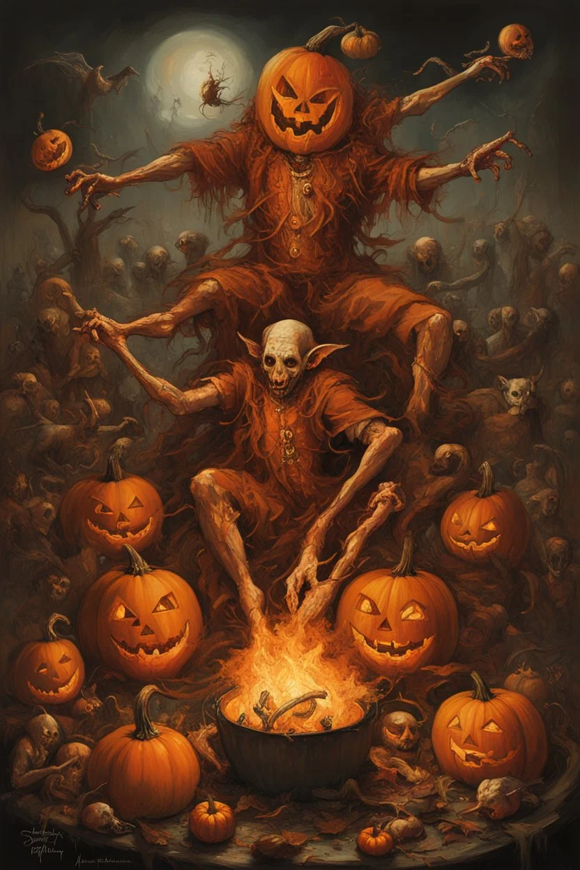 surreal anthropomorphic Hieronymus Bosch style Pumpkin jack-o-lantern cryptids cavorting around a bonfire bacchanalia, Dystopian Halloween Nightmare world; by Stanley Mouse, by Jeremy Mann, by Wes Benscoter, hypesurrreal; deep vibrant rich orange, black, and red color scheme; ultra intricate complex detail, messy matte oil painting.