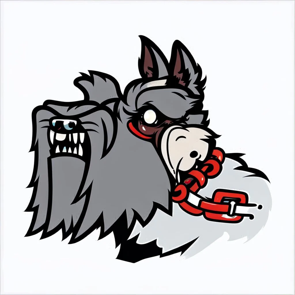 left facing head of angry Terrier dog with blood shot eyes and bloodied teeth, a ball chain collar around neck, a chain leash attached to collar, vector