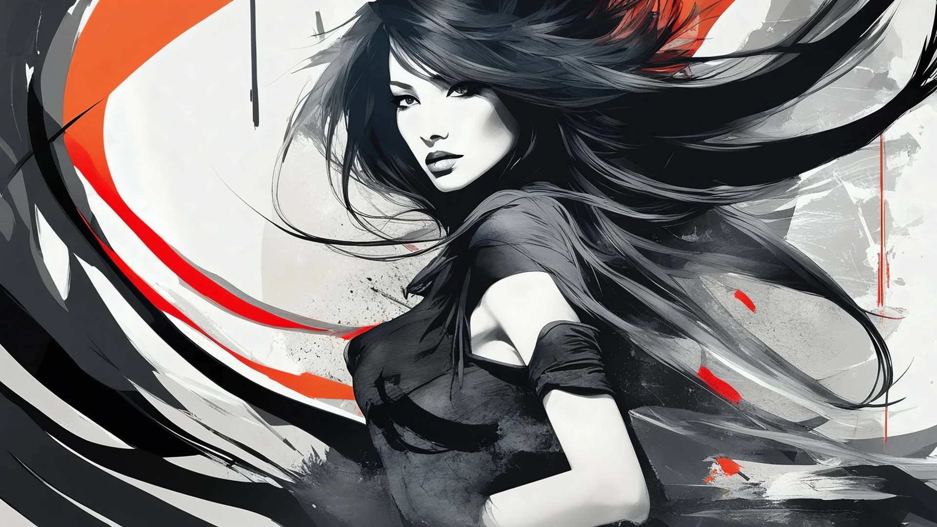 aesthetic, painterly style, modern ink, ahri, ahri custom, sensual, sultry, dark blouse, expressive pose, urbanpunk, abstract texture multilayer background, neo-expressionist , Russ Mills, Ian Miller