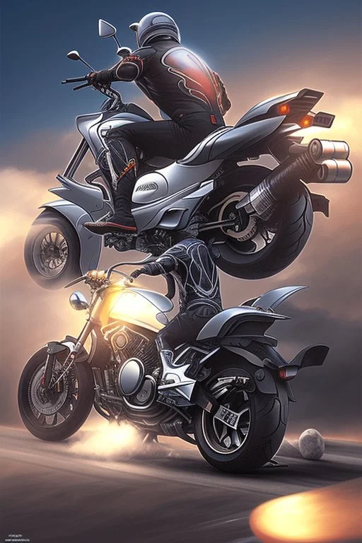 An advanced motorcycle with four wheels and a turbo jet in the