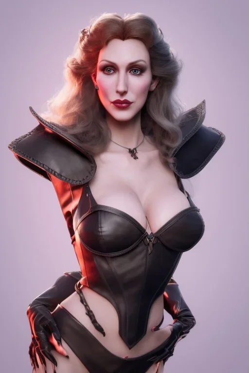 Brandi Love as evil queen in black leather, leather, busty, cleavage, angry, stern look. character design by cory loftis, fenghua zhong, ryohei hase, ismail inceoglu and ruan jia. unreal engine 5, artistic lighting, highly detailed, photorealistic, fantasy