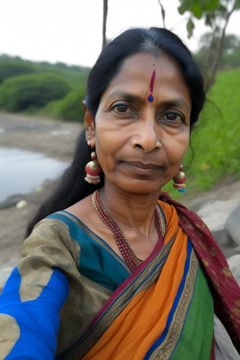 a beautiful 40 year old woman wearing a modern saree, standing near a tree, long face