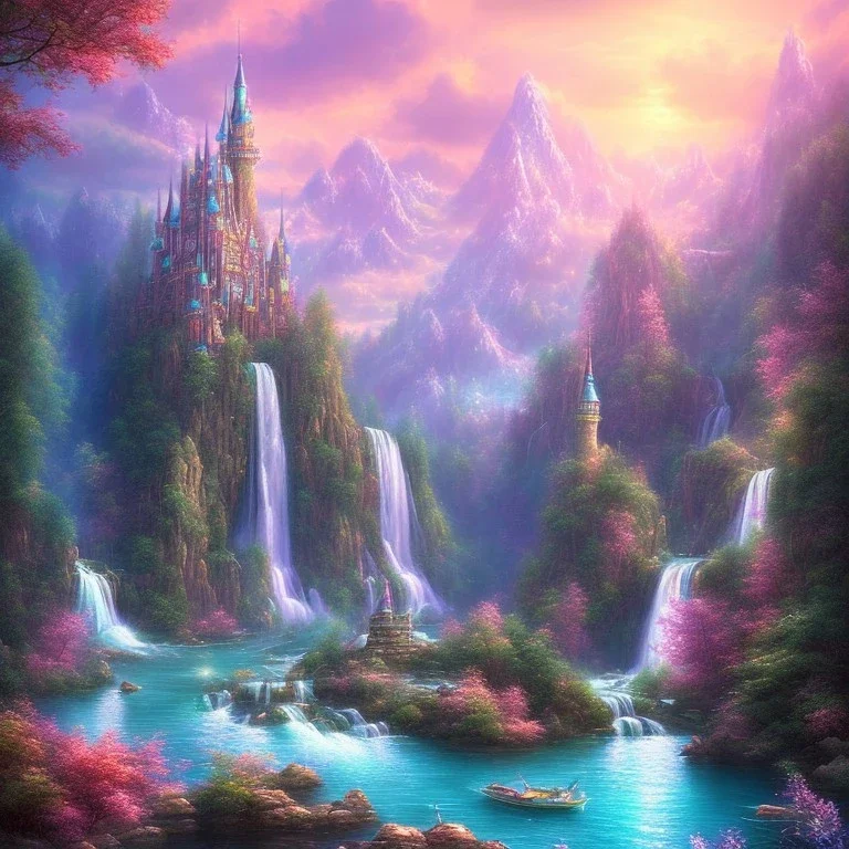 turquoise river, sun, waterfalls, pink fairy castle