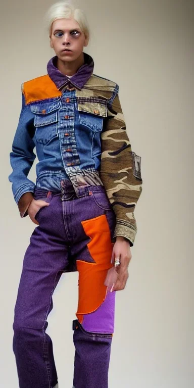 Model is woman. sérigraphie on denim with orange,terracotta, cream and purple colors. Camouflage patterns are screen printed on denim and felt. Woman in her 30's, thick thighs, thick calves, flat belly, wide hip. Mantle is sewed of recycled Denim and sewed together of camouflage pieces. It is with big bright purple felt tippet and cream-colored-hood. mantle is merged with satchel. Style: Haute Couture in 1920's and 1990's in New York. Paris in 2023