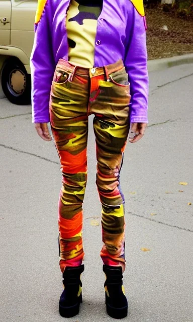 Photo of Asa akira. Camouflage colors are terracotta, cream and purple, lilac and Cream latex, imperial yellow, red plum. Baggy jeans! plant print.European daft punk woman. Baggy jeans! Mantle is sewed of recycled Denim and sewed together of recycled polymer felt. lace, Yellow(Munsell) areas. hint of orange as effect color!!Big bright purple/khaki felt tippet and cream or blue or lilac colored-hood. mantle is merged with satchel. . AKG-style headphones is merged with felt cap, cyan small visor.