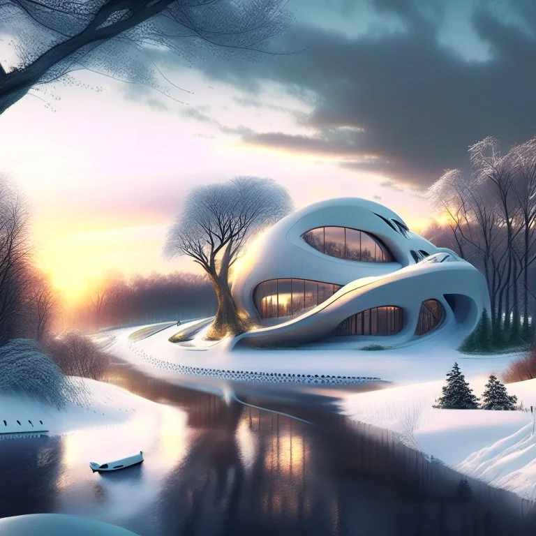 Zaha Hadid style country house hyper-detailed hyper-realistic trees river winter weather sunrise people 8k