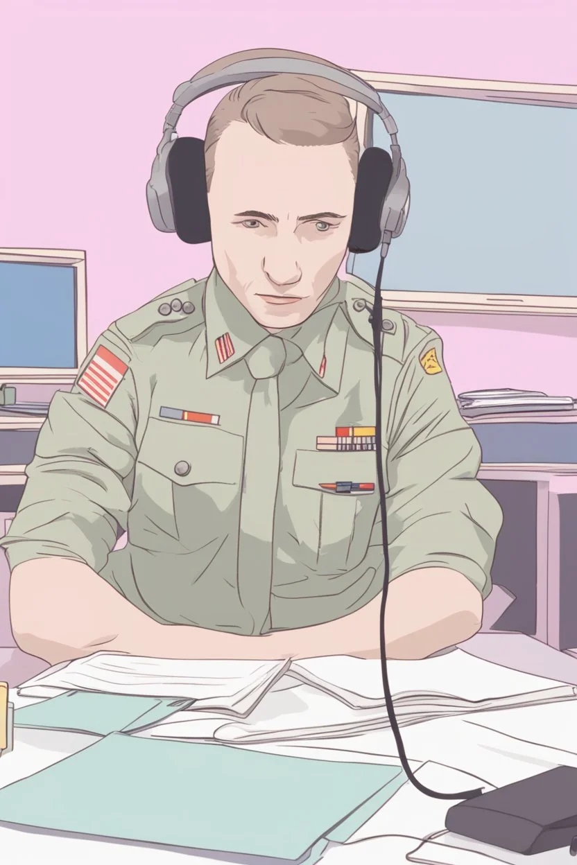 A simultaneous interpreter is sitting at a table with headphones on at a foreign briefing, the background is blurred, everything is in pastel colors