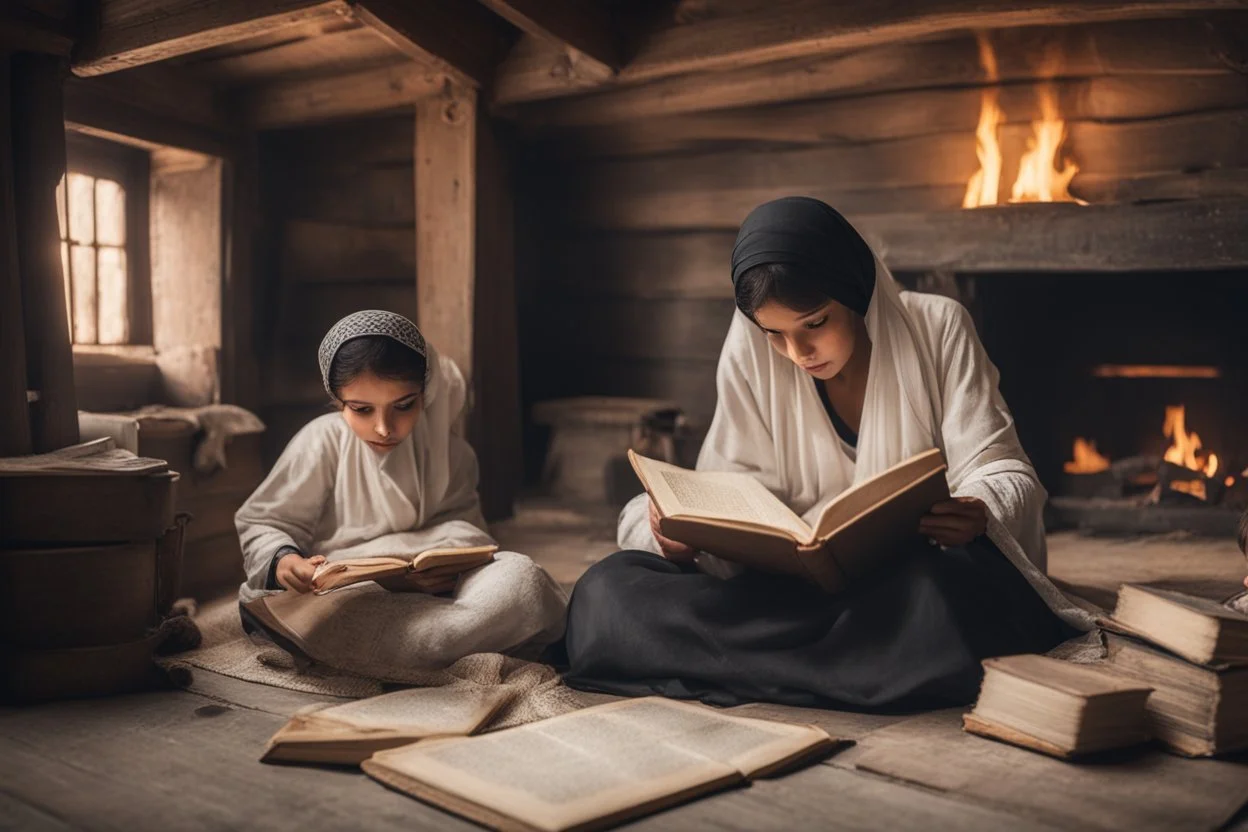 A close-up scene of an Arab mother reading the story from a book with her children around her in the room of the old wooden house near the fireplace 100 years ago.