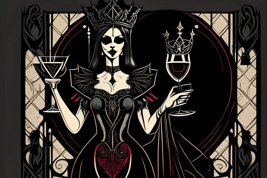 Stylized goth queen, wine in hand, In the style of Tarot and Art Deco, Black colours