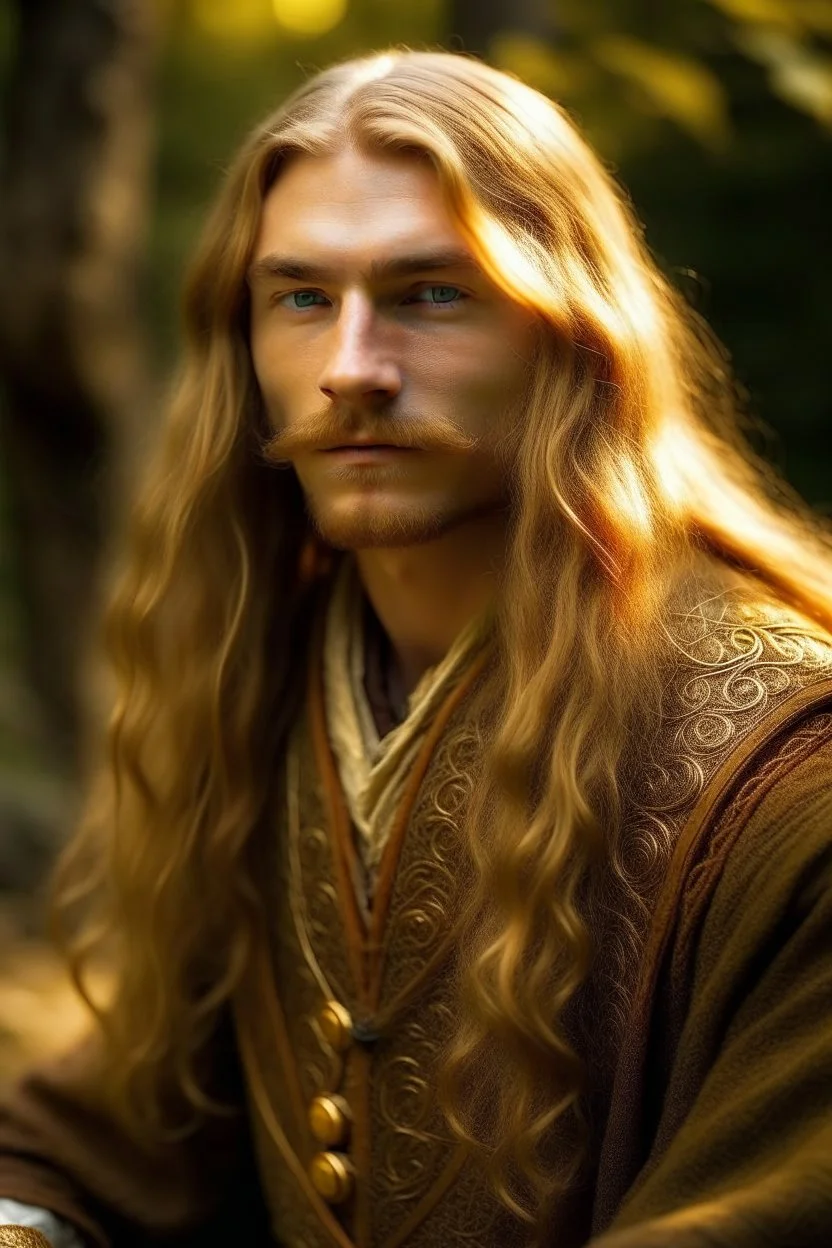 A young serene Lord Of The Rings like man with long golden hair that cascades gracefully, and short beard. His calm eyes, with blind pupils, reflect a depth of wisdom and inner peace. A gentle smile graces his face, adding warmth to his tranquil demeanor.