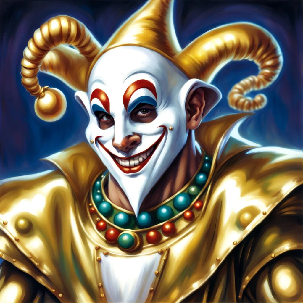 fantasy 90's tcg art of a heroic happy male jester wearing a white mask and golden costume