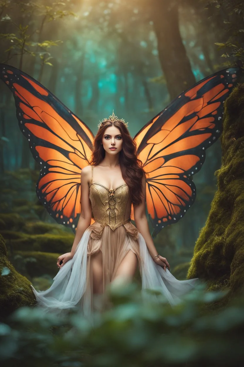 Photography Beautiful Lady fairy with wings straddle,background wonderland, panoramic shot ,portrait, epic fantasy