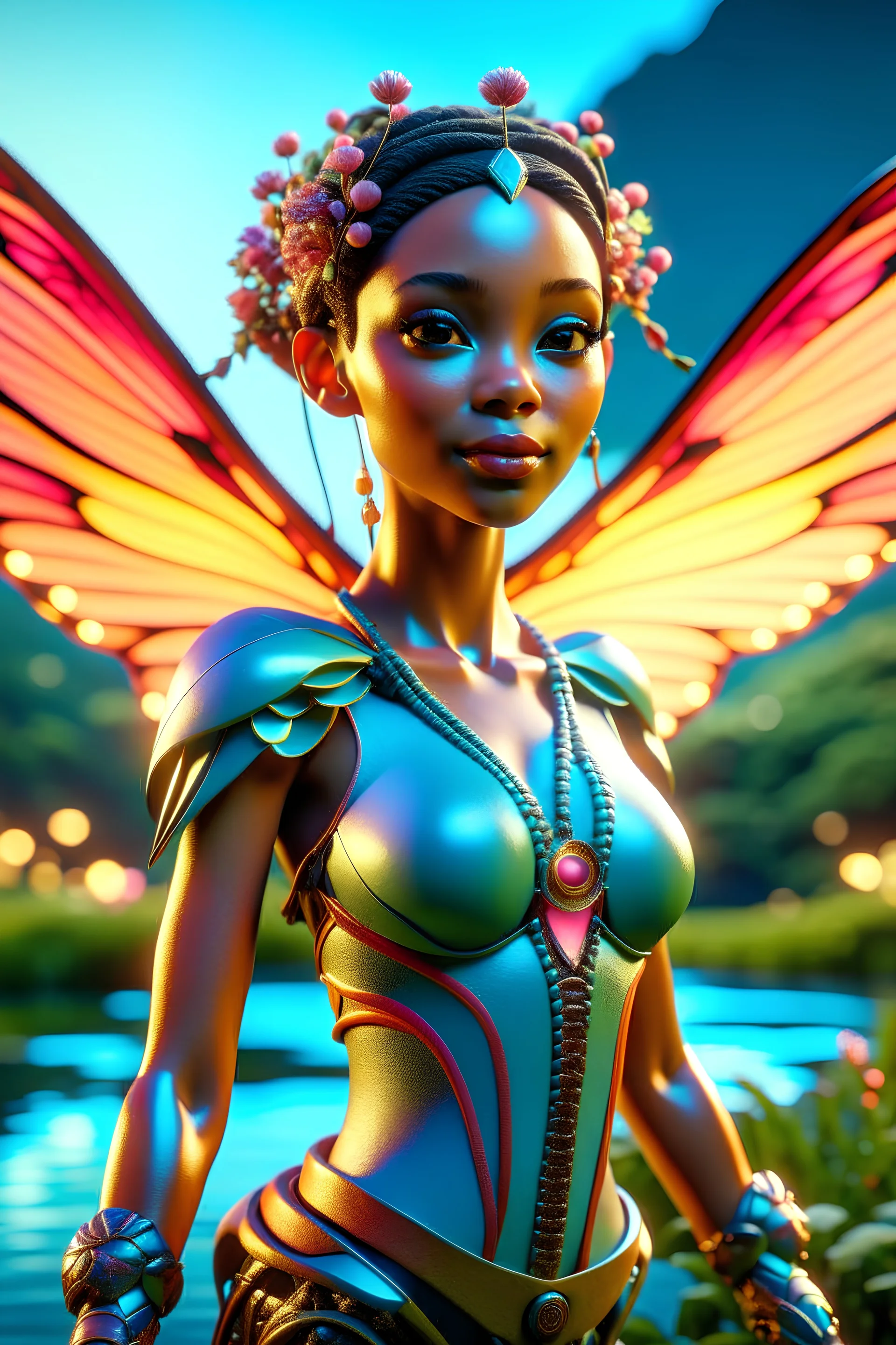 a very cute and wonderfull fairy young woman robot, very detailed dragonfly's wings, full body, nice eyes, pure harmony, smile, galactic, magic, transcendent, divine, ultra sharp focus, ultra high definition, 8k, unreal engine5background, colored lake, ultra sharp focus, ultra highextremely detailed CG unity 8k