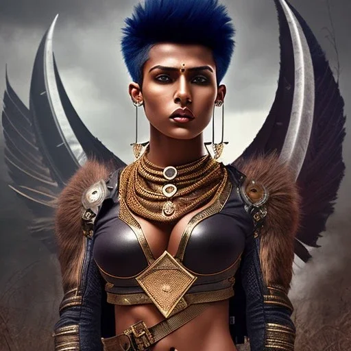 fantasy setting, woman, dark-skinned, indian, ranger, 23 years old, mohawk haircut, mohawk haircut, long hair