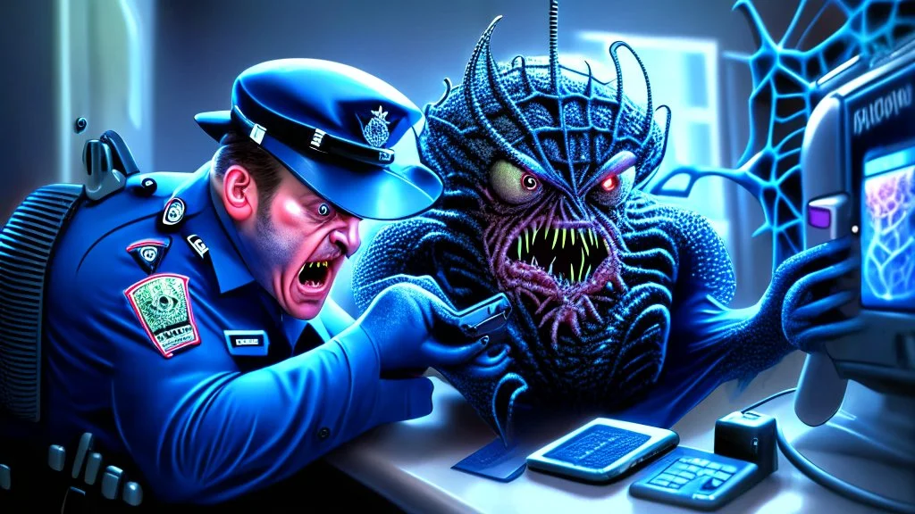 male cop dispatcher deals with evil virus hatching from the phone