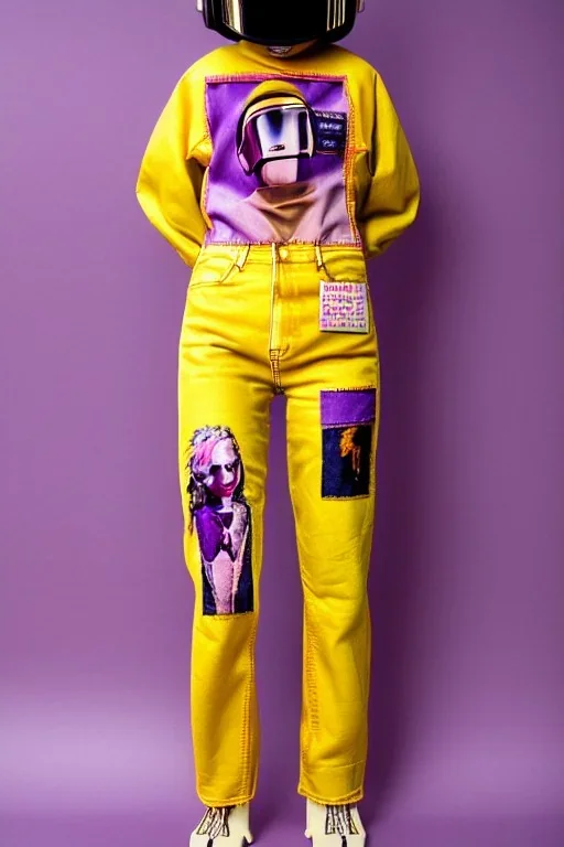 Photograph of a woman. Huge prints on denim,terracotta, cream and purple, lilac and Cream latex parts are bagging. imperial yellow, red plum. Baggy jeans! plant print.European daft punk woman. Baggy jeans! Mantle is sewed of recycled Denim and sewed together of recycled polymer felt. lace, Yellow(Munsell) areas. hint of orange as effect color!!Big bright purple/khaki felt tippet and cream or blue or lilac colored-hood. mantle is merged with satchel, cobalt blue.