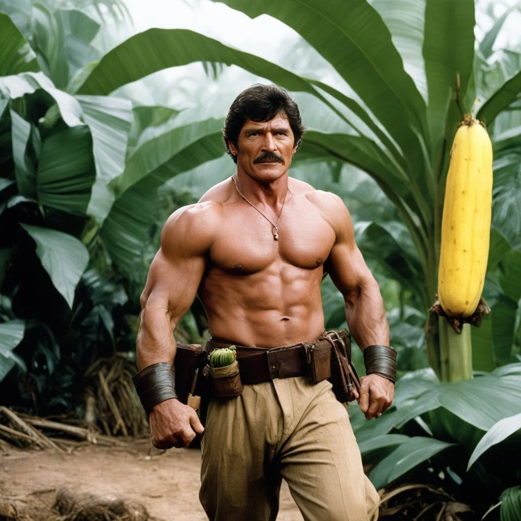 [in the jungle] Charles Bronson surrounded by giant bananas, ready to fight, in dust, rust and blood, his chest is covered with cartridge belts, he fights giant pineapple