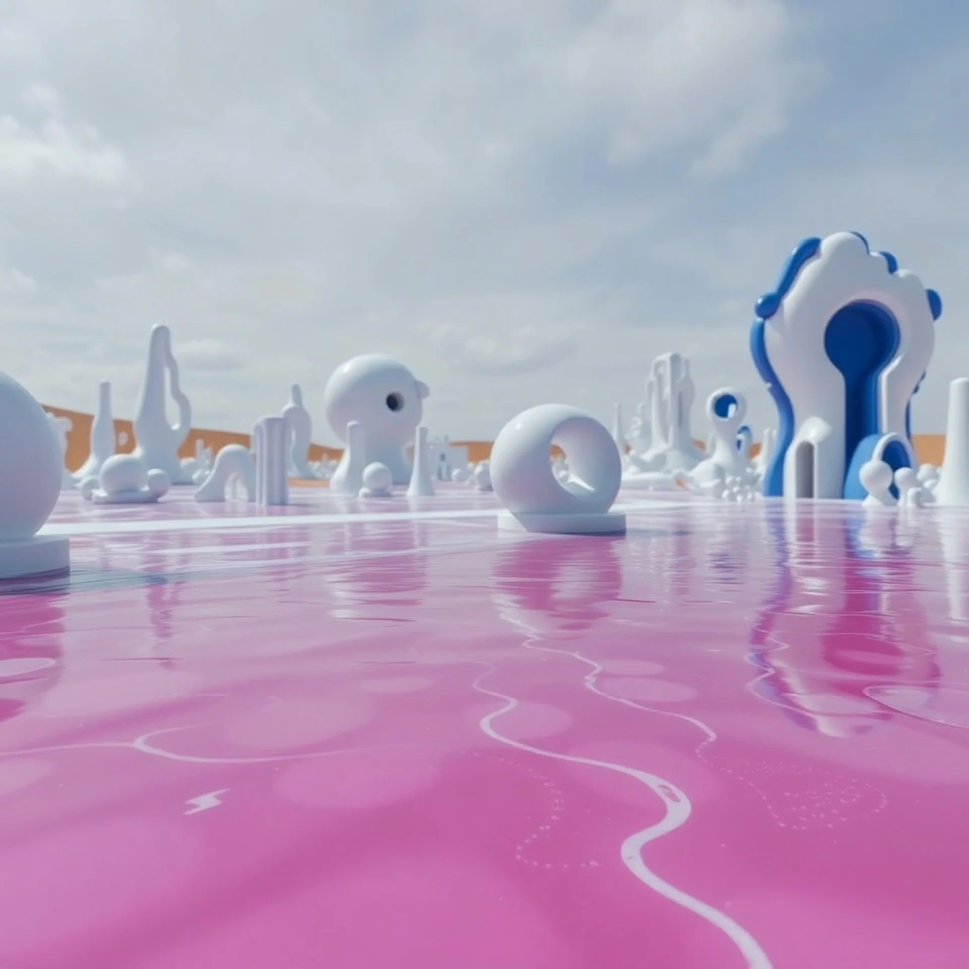 A photo of a landscape. The surface below the structure is glossy. There are fake structures. In the background, other white and blue forms and structures are visible. The atmosphere is metaphysical. The image has a glossy finish. The exposure value is 8.