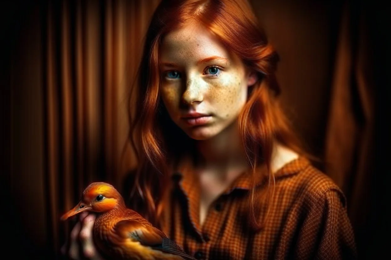 Beautiful golden red hair girl holding duck portrait in ochre, moody, somber, desaturated colors