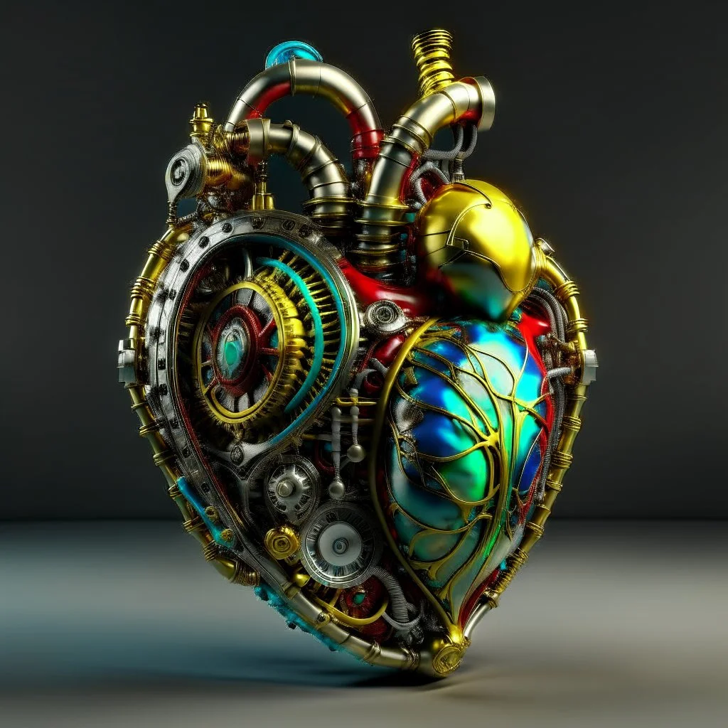 MULTICOLORED COMPLIMENTARY MECHANICAL HUMAN HEART, METALLIC, CLOCKWERK, STEAMPUNK, ANATOMICALLY CORRECT, RETROFUTURISTIC, CINEMATIC