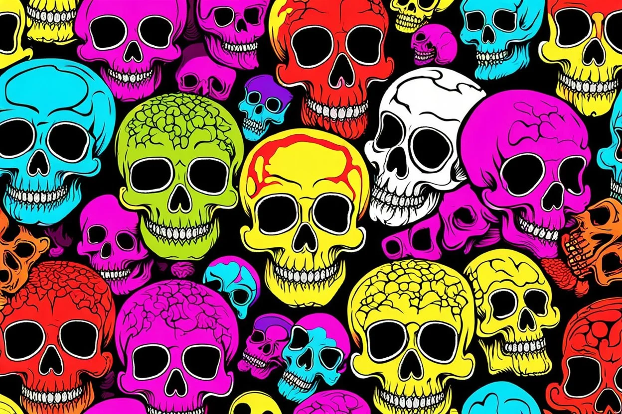 a field of 1000s of psychedelic anatomically correct, skulls, vivid RANDOM BRIGHT neon colors, dark comedy, well lit, high detail, photorealistic, horrorcore, fun, scary, none featured, each a different color or hue,