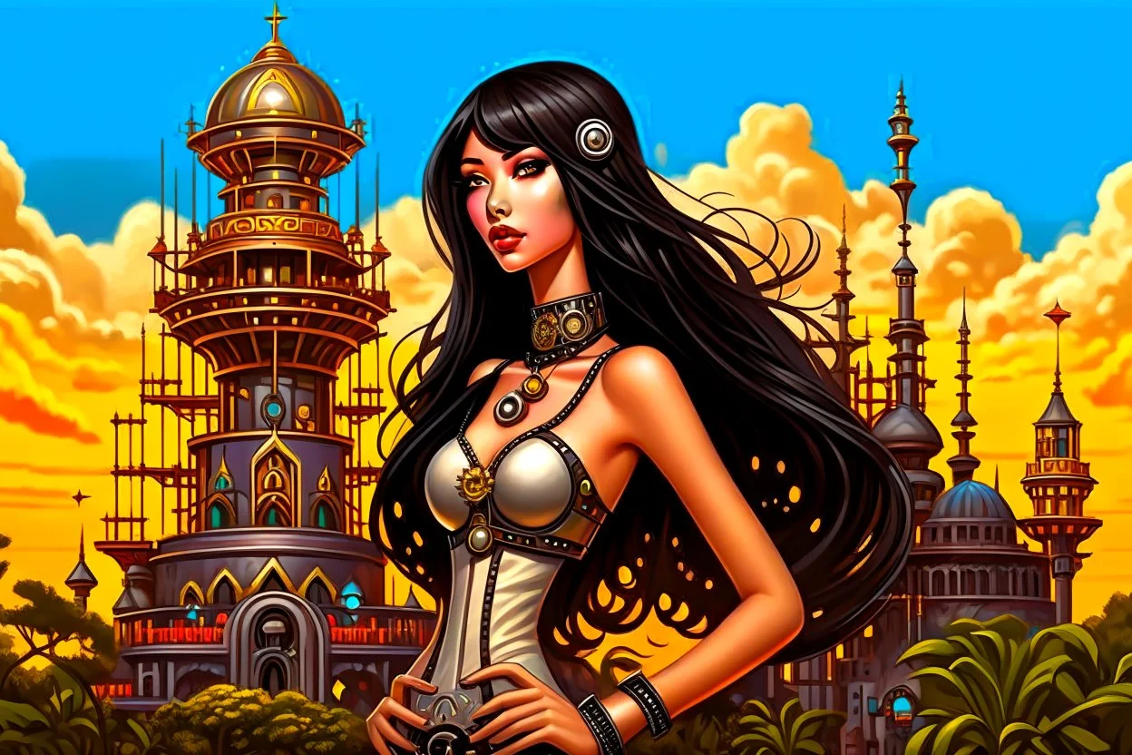 exotic sci-fi steampunk pin-up girl, with long dark hair with bangs, on an alien planet with cloud trees, tall spires, buildings, bridges, arches, photorealistic