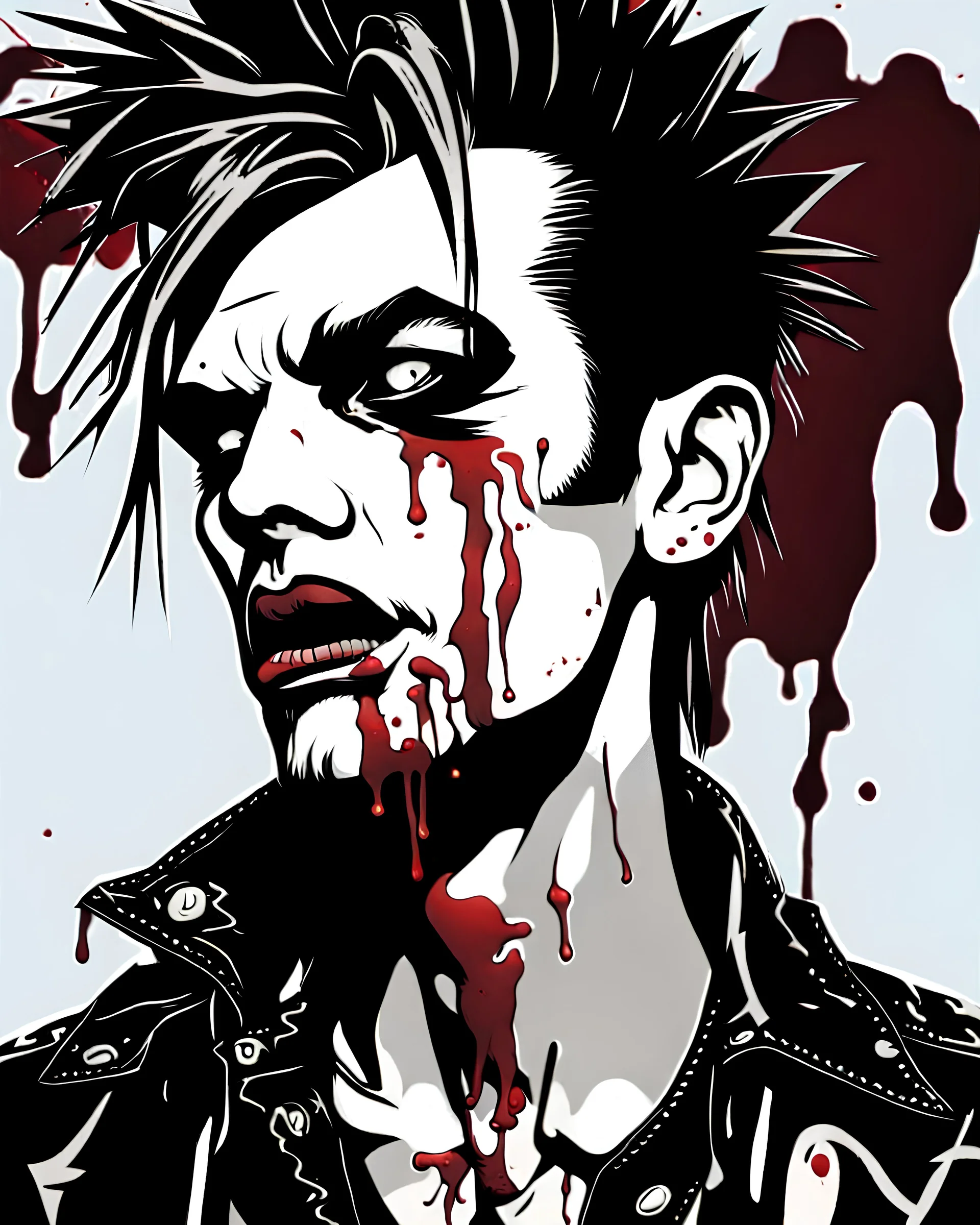 A middle-aged punk man smiles with bloody thin lips and squinted his eyes