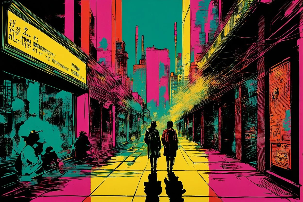 classic painting of a cyberpunk colourful walkway with two people making an exchange in the city with pollution by andy warhol