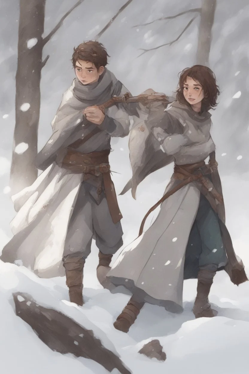 DnD style, two medieval peasant kids playing in the snow male and female, age 14 and 15, happy and playful, he has a short sword.